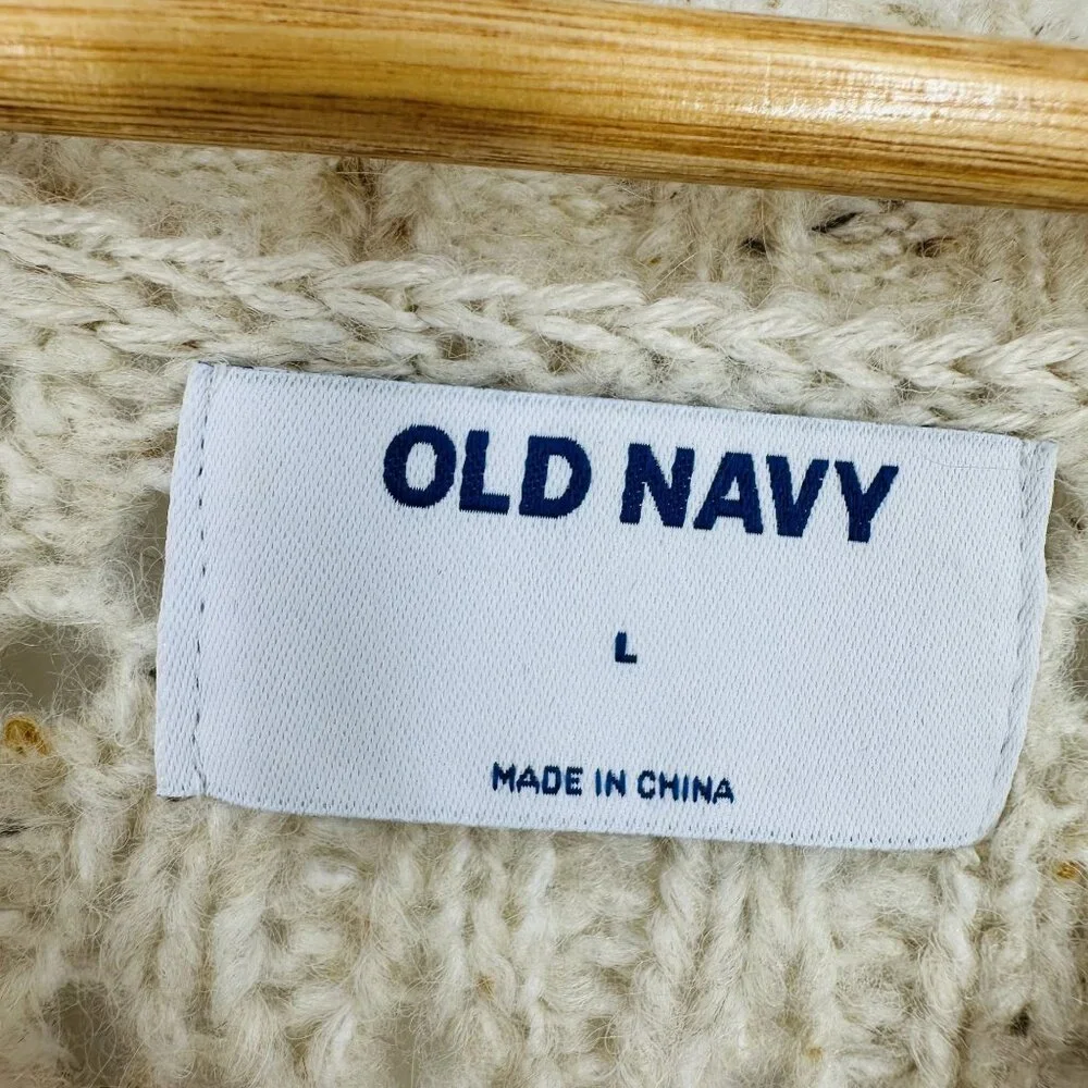 Old Navy Beige Ruffle Trim Pointelle Crew Neck Long Sleeve Cozy Knit Sweater L - Picture 6 of 10